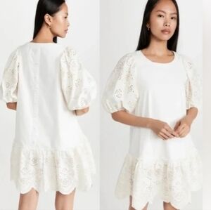 Moon River White Eyelet Puff Sleeve  Button Down Back Dress Size Medium